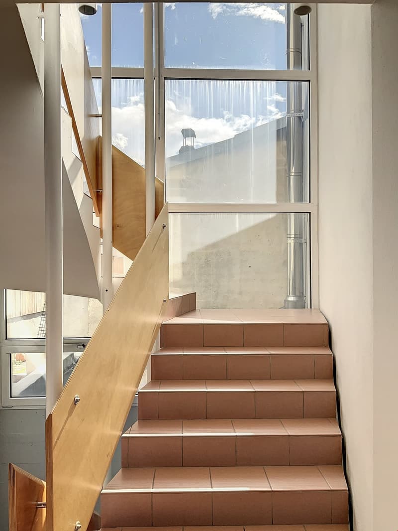 wooden stairs, tiled steps, modern design, glass windows