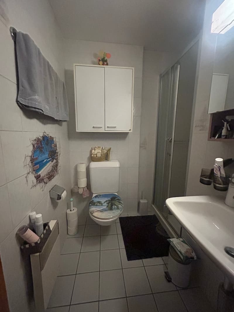Bathroom with white tiles, toilet with cover, shower with glass door, sink, cabinet, towel holder, trash bin, towel rack
