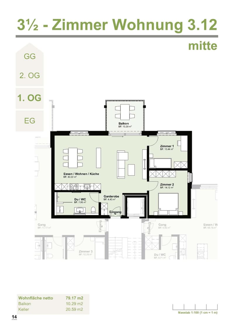 Grundriss Wohnung 3.12 – 1.OG, Mitte
