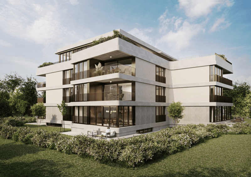 Modern apartment building, white color, large windows, multiple balconies, large garden area