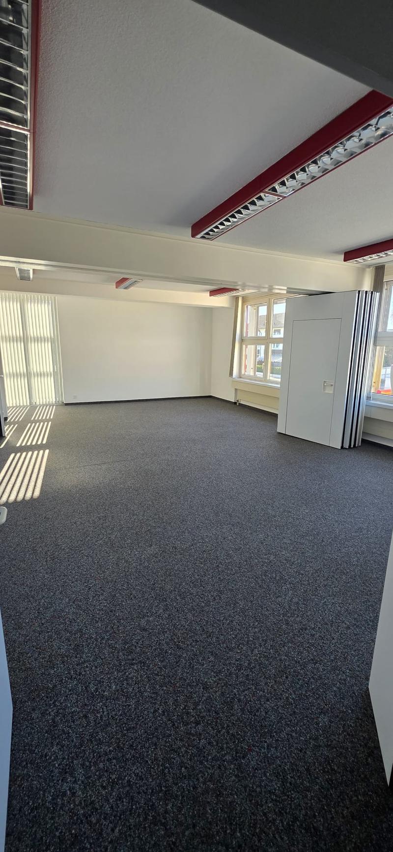 Empty room, carpet floor, windows, vents in ceiling, white walls