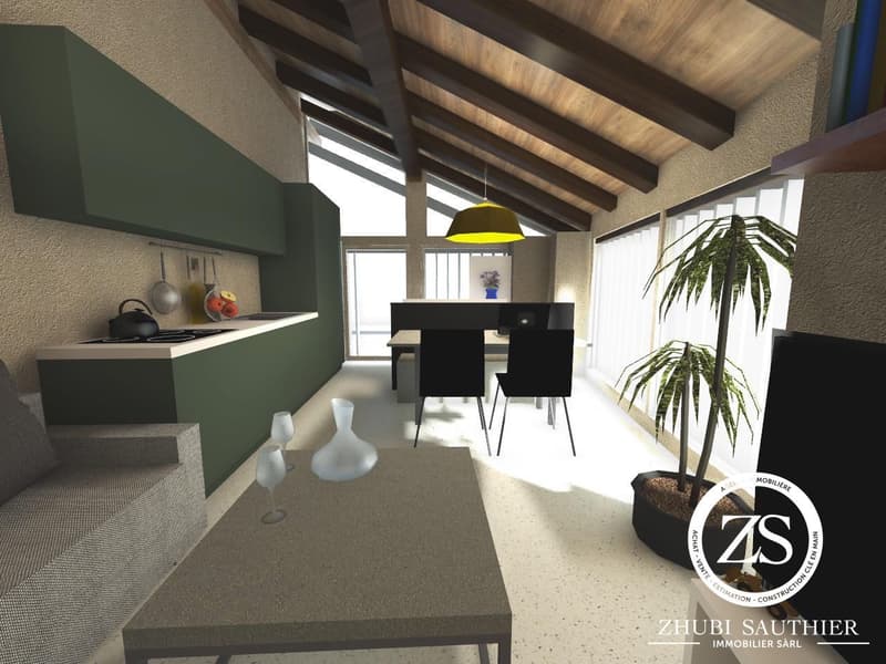 kitchen, dining area, living area