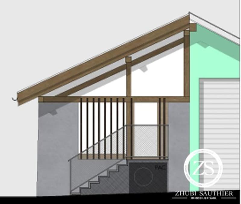 wood frame, stone wall, concrete floor, glass wall, wooden balcony, covered garage