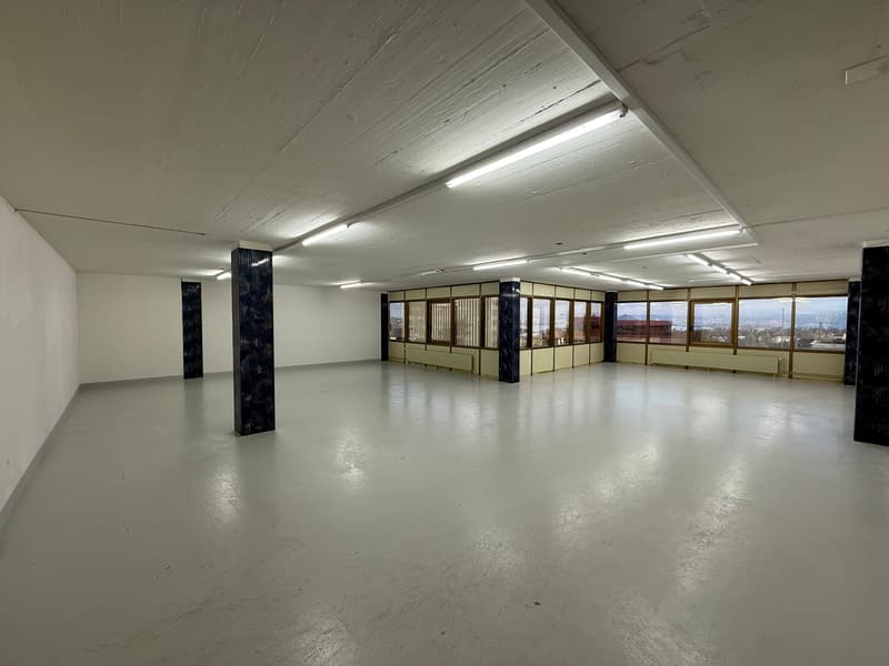 Empty large room, white walls, fluorescent ceiling lights, white tile flooring, large windows