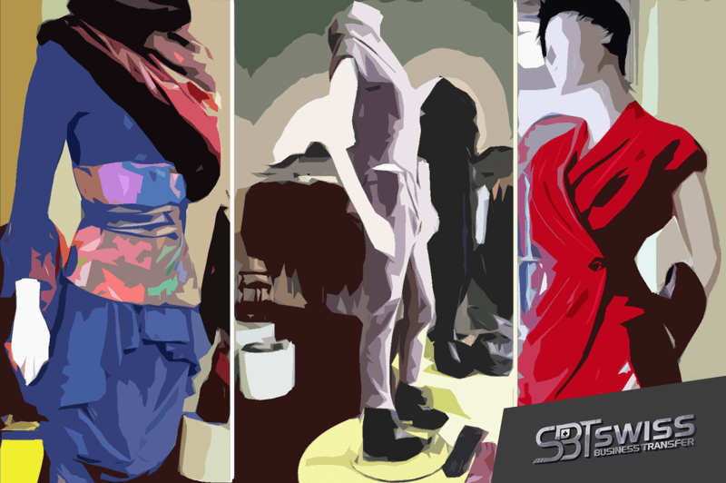 Illustration of fashion clothing and mannequins in a store environment.