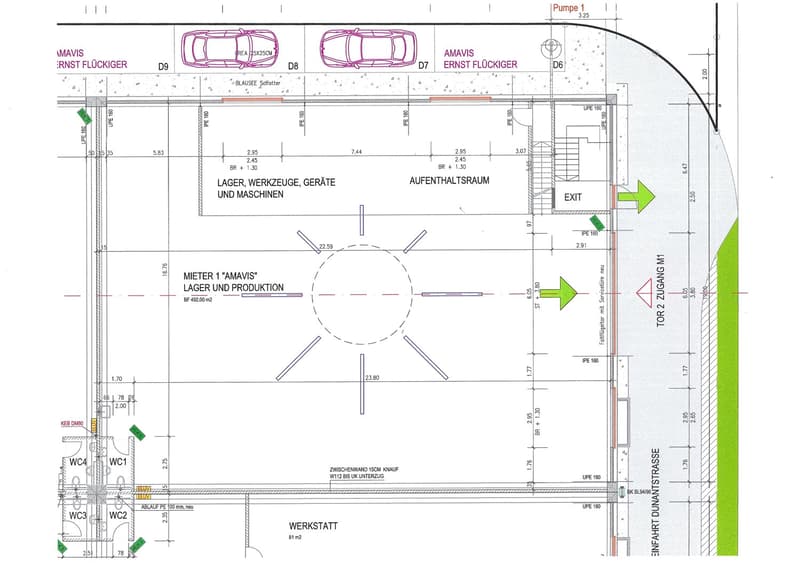 storage area, access to warehouse, exit, workshop area, pump location