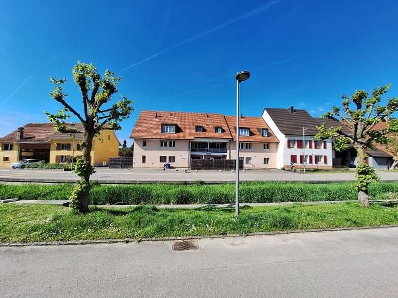 multi-family residential building, three-story, brown tiled roof, windows with red shutters, tree-lined street, sidewalk, street lamp, large grass median, parked car