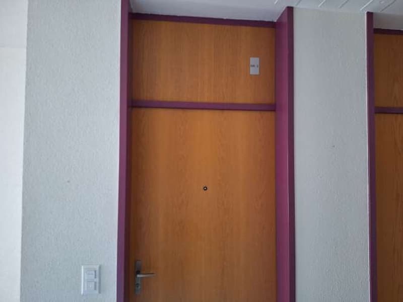 Brown wooden door with silver handle and white switch mounted on the wall