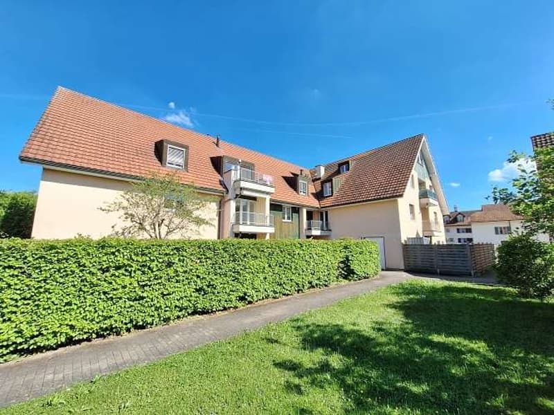 Detached house with brown roof, large windows, driveway, hedge, and garage. There is a lawn in the front yard.