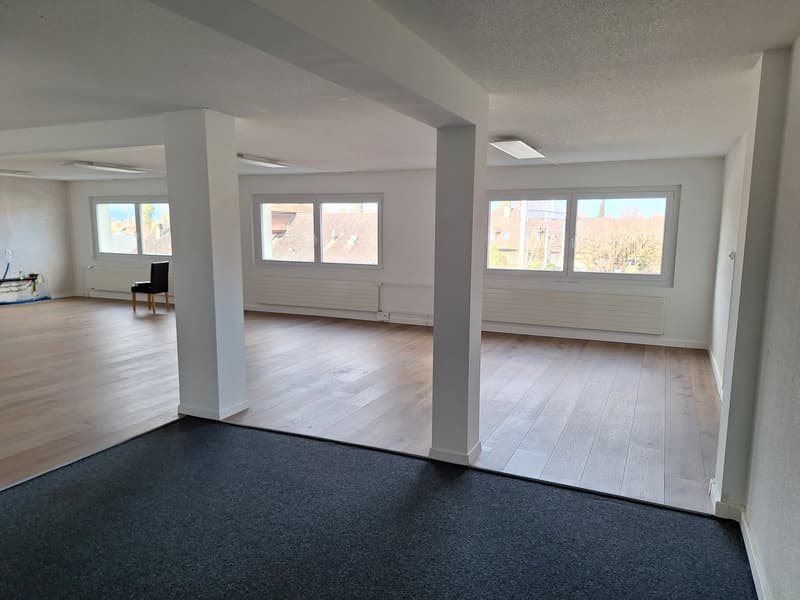 Open room with white walls, wooden floor, large windows, radiators, and ceiling lamps