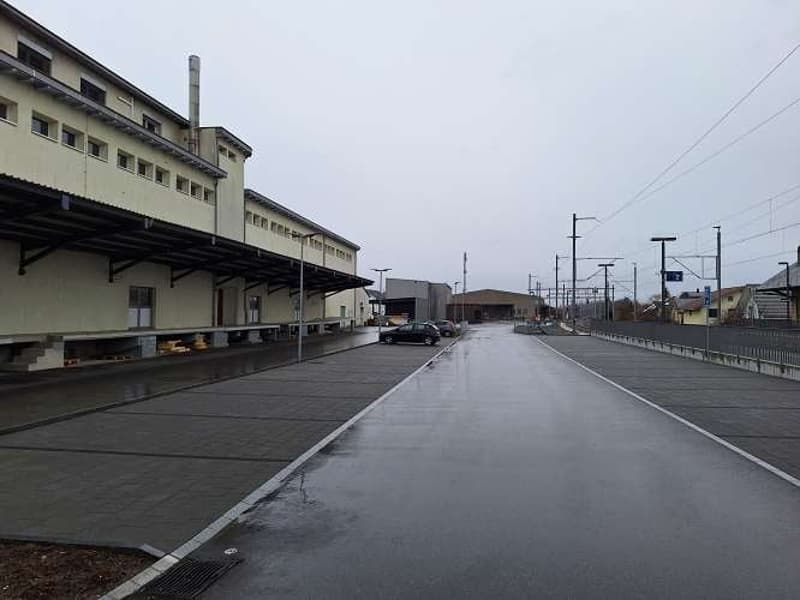 empty road with wet pavement, buildings on the left side, cars parked in the distance, electric poles and wires in the background