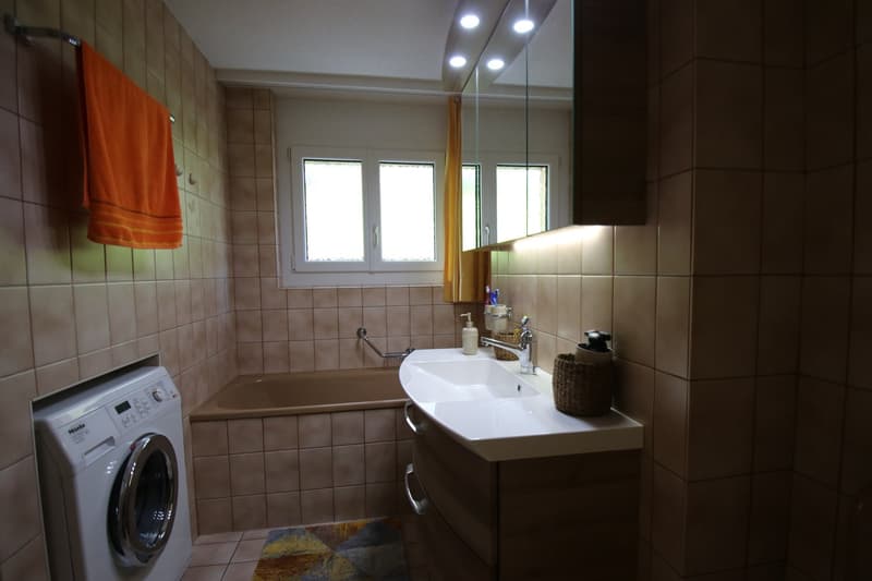 white washing machine, white sink, wooden cabinet, bathtub, tile walls, windows