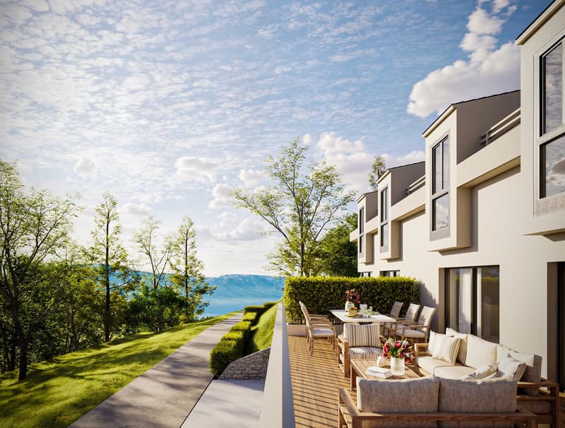 Contemporary townhouse, modern architecture, terrace with outdoor seating, scenic view of the ocean and mountains, landscaped greenery, spacious outdoor area