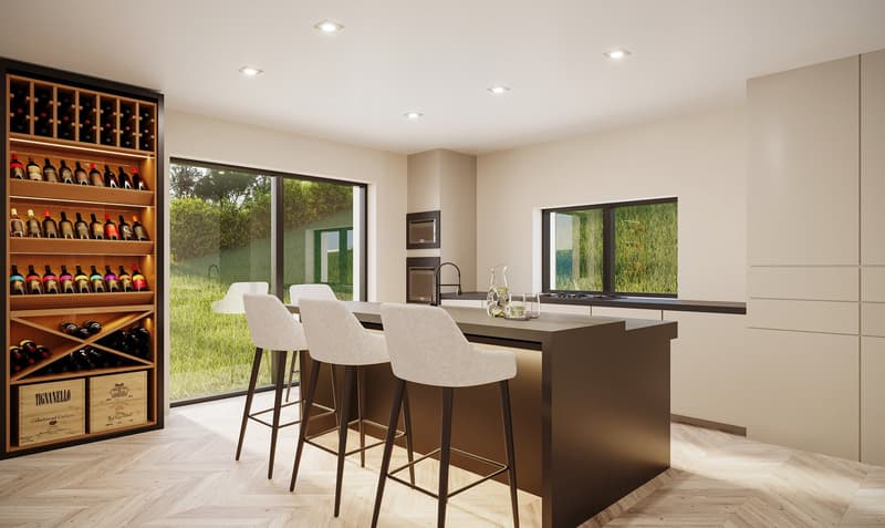 kitchen with dining area, island with 3 bar stools, wooden wine rack, large windows, open grass view, wooden floor