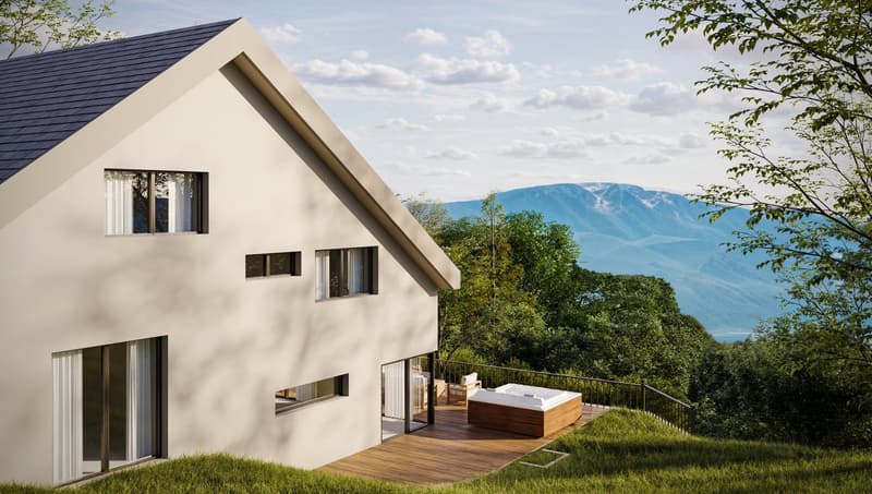 modern style house, wooden deck, hot tub, large windows, mountains in the distance