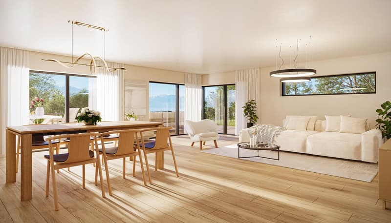 modern living room with white couch, wooden table, windows, plants, elegant lighting, neutral decor