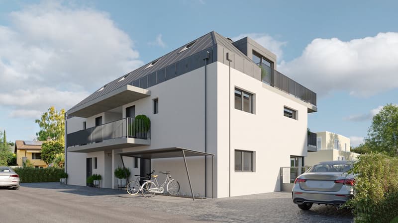 3 story house, white exterior, gray roof, balconies, carport, bicycles