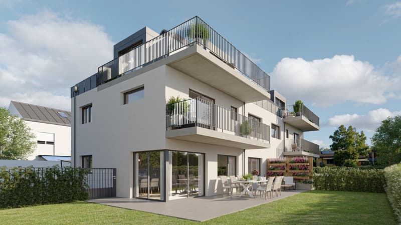 Modern 3-story house, white exterior, multiple balconies, large windows, outdoor dining area, garden