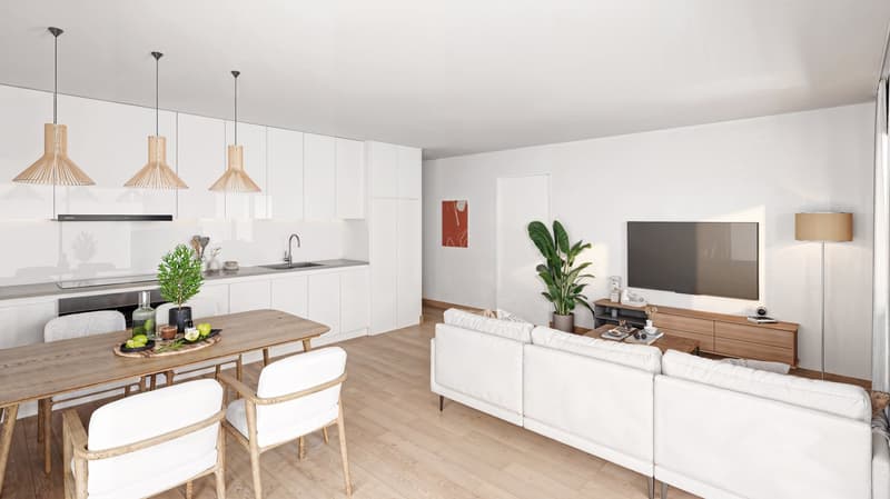 modern living room with white couch, wooden table, white chairs, white kitchen, wooden floor, white walls, pendant lights, plants, TV, lamp