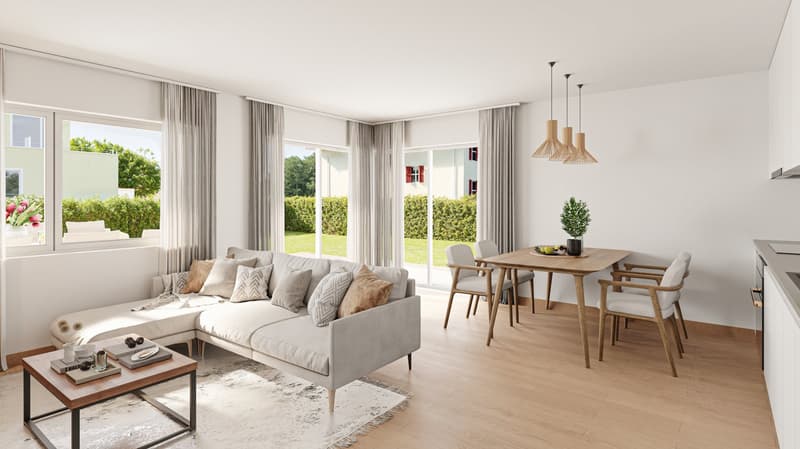 modern living room with large windows, gray sofa, wooden coffee table, dining table with chairs, wooden floor, white walls, hanging lamps, plant on table