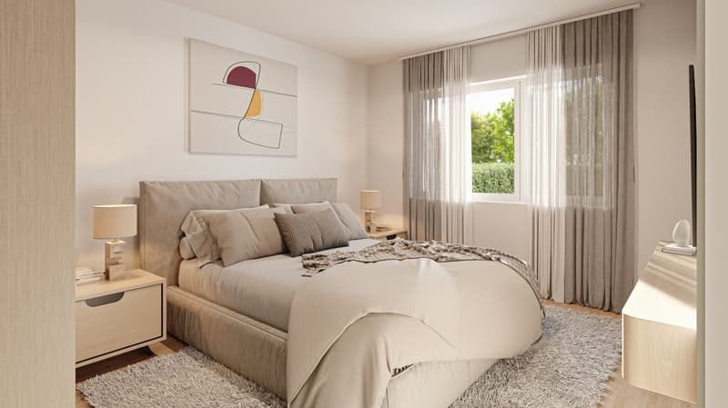 Bedroom with a large bed, two nightstands with lamps, a rug, a window with curtains, and a painting on the wall.