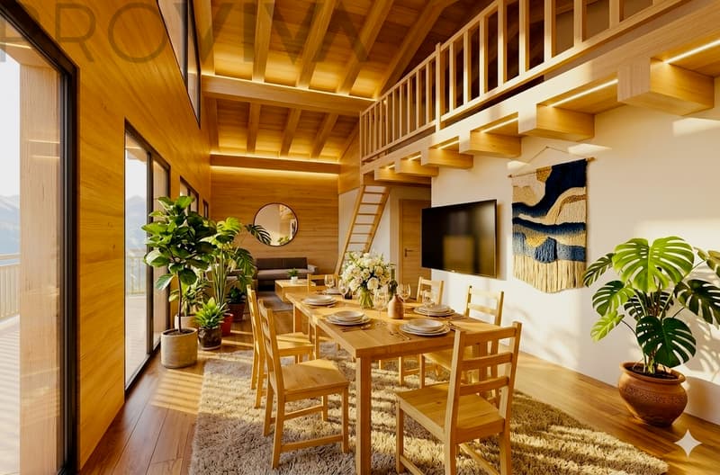 / a wooden dining table and chairs in a home with stairs up to a living room with a potted plant