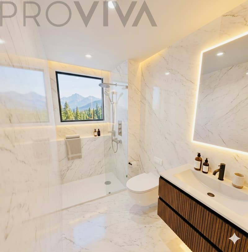 / une salle de bains moderne en marbre blanc avec une grande fenêtre / a modern bathroom made of white marble with a large window