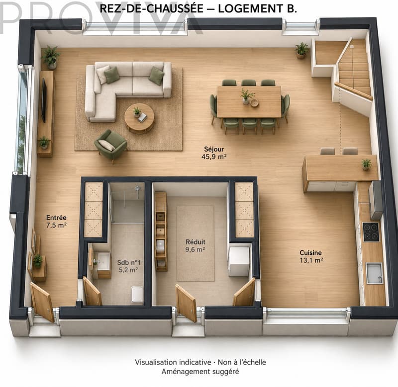 Plan 3D EG / Plan 3D du rez-de-chaussée / 3D Floor Plan, Ground Floor / Pianta 3D del piano terra