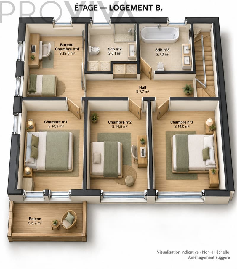 Plan 3D OG / Plan 3D de l'étage supérieur / 3D Floor Plan / Pianta 3D del piano superiore