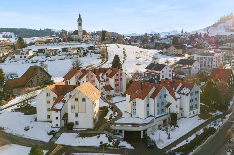 Town, snow-covered, modern design, brick red roofs, glass windows, underground parking, winter season
