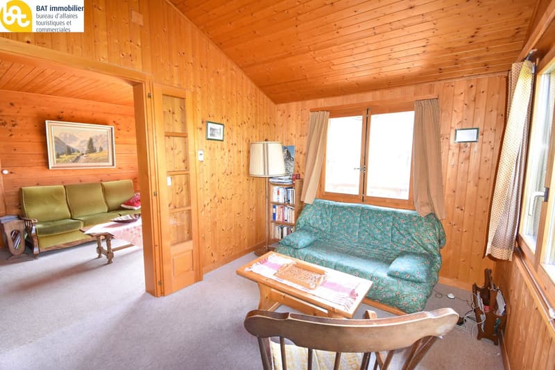 Wooden walls, green couches, wooden table, wooden chair, lamp, books on a shelf, a picture frame