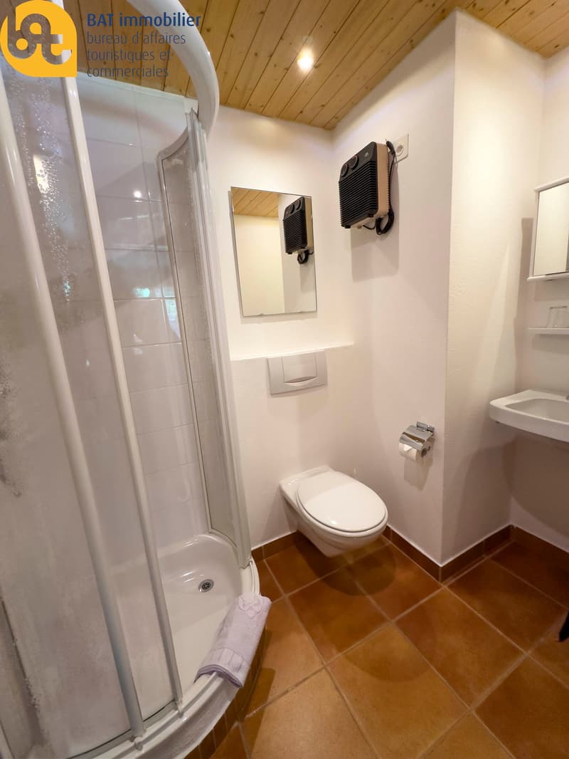 Bathroom with shower, toilet, vanity, and tile flooring. The room also has a private washing machine installed.