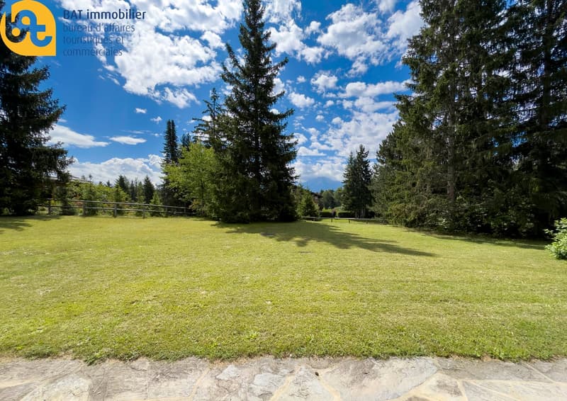 Large grassy field surrounded by pine trees, with a stone wall in the foreground and a blue sky with clouds overhead.
