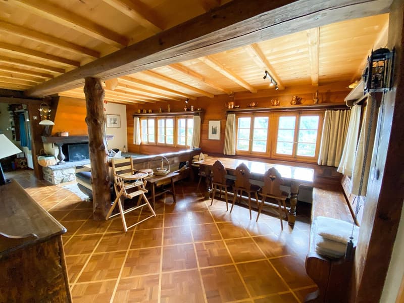 Living room with wooden ceiling, parquet floor, wooden furniture, dining table, chairs, fireplace, wooden shelves, lamps, framed pictures, windows with white curtains, outdoor view