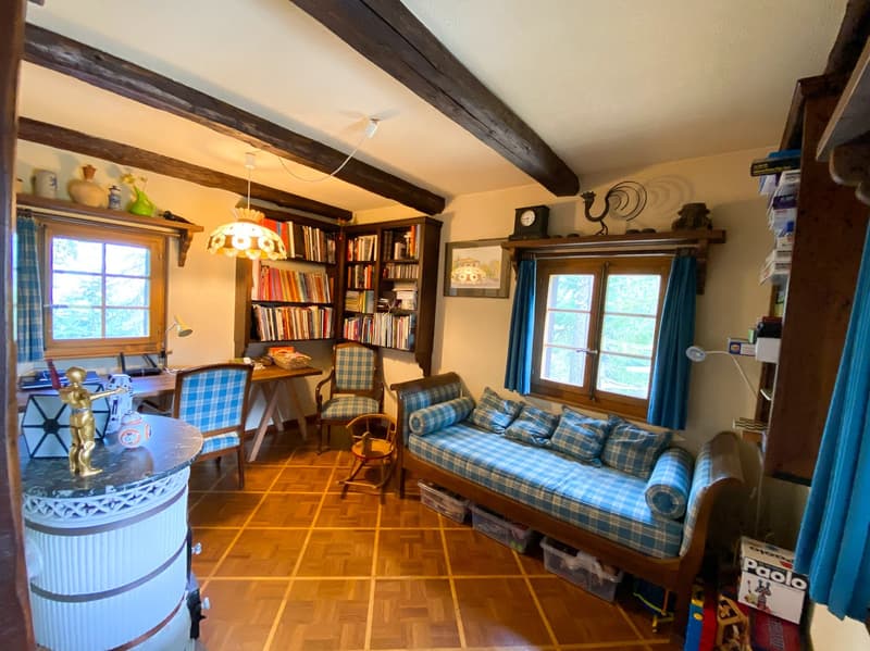 wooden floor, wooden furniture, bookshelves, chair, couch, table, window, storage box, desk lamp, rocking chair, toy