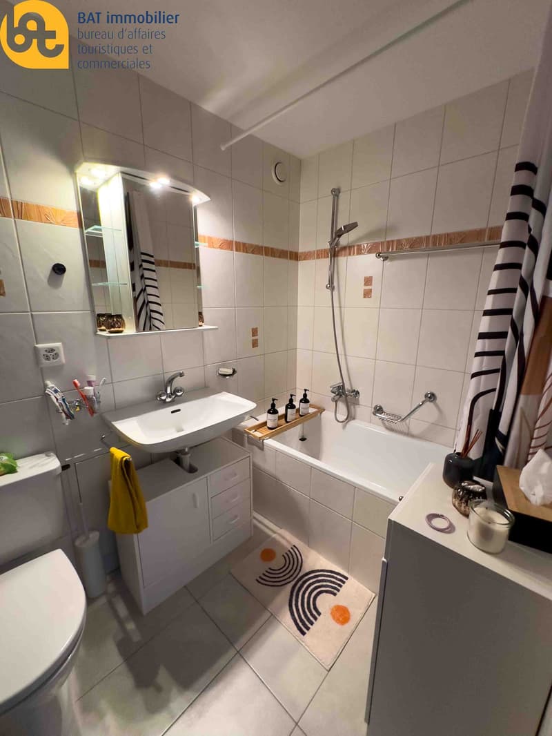 Tiled bathroom with a bathtub, sink, vanity, and shower. The bathroom also includes a washing machine and dishwasher.
