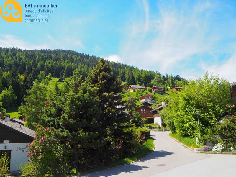 The image shows a scenic mountain village surrounded by lush green forests and rolling hills. The buildings appear to be traditional wooden chalets with balconies. A winding road leads through the village, with flowers and greenery lining the path.