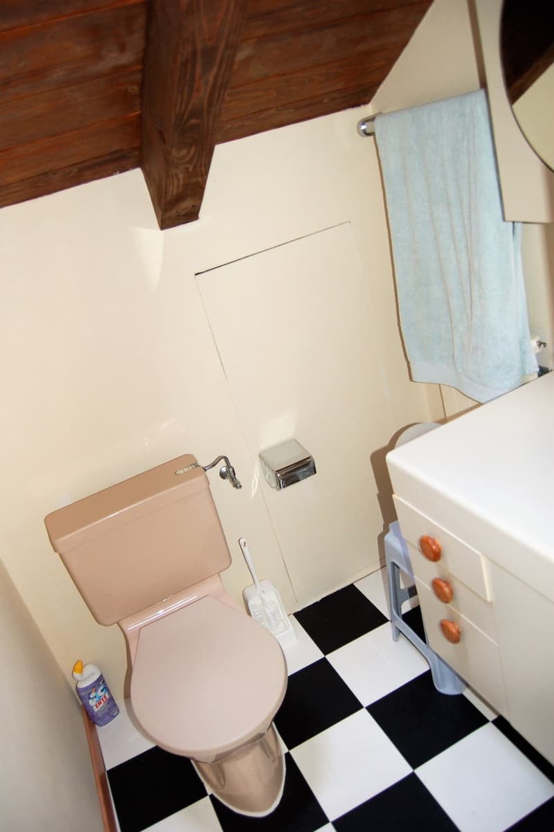 Bathroom with a pink toilet, black and white checkered floor tiles, a wooden beam on the ceiling, and a washing machine visible.