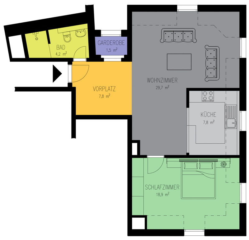 Plan shows a living room, kitchen, bedroom, and bathroom.
