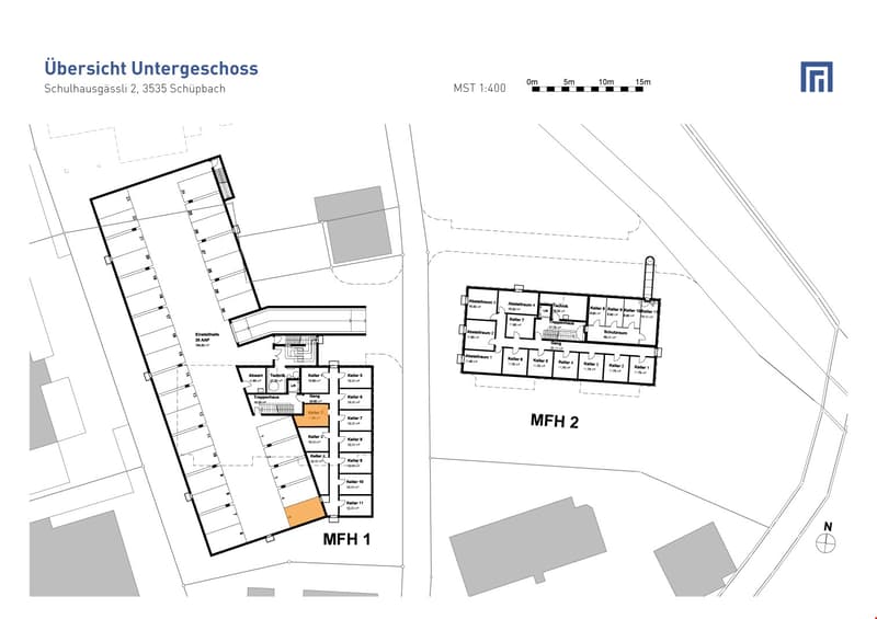 Grundriss UG (Orange eingefärbter Parkplatz und Keller gehören zur Wohnung)