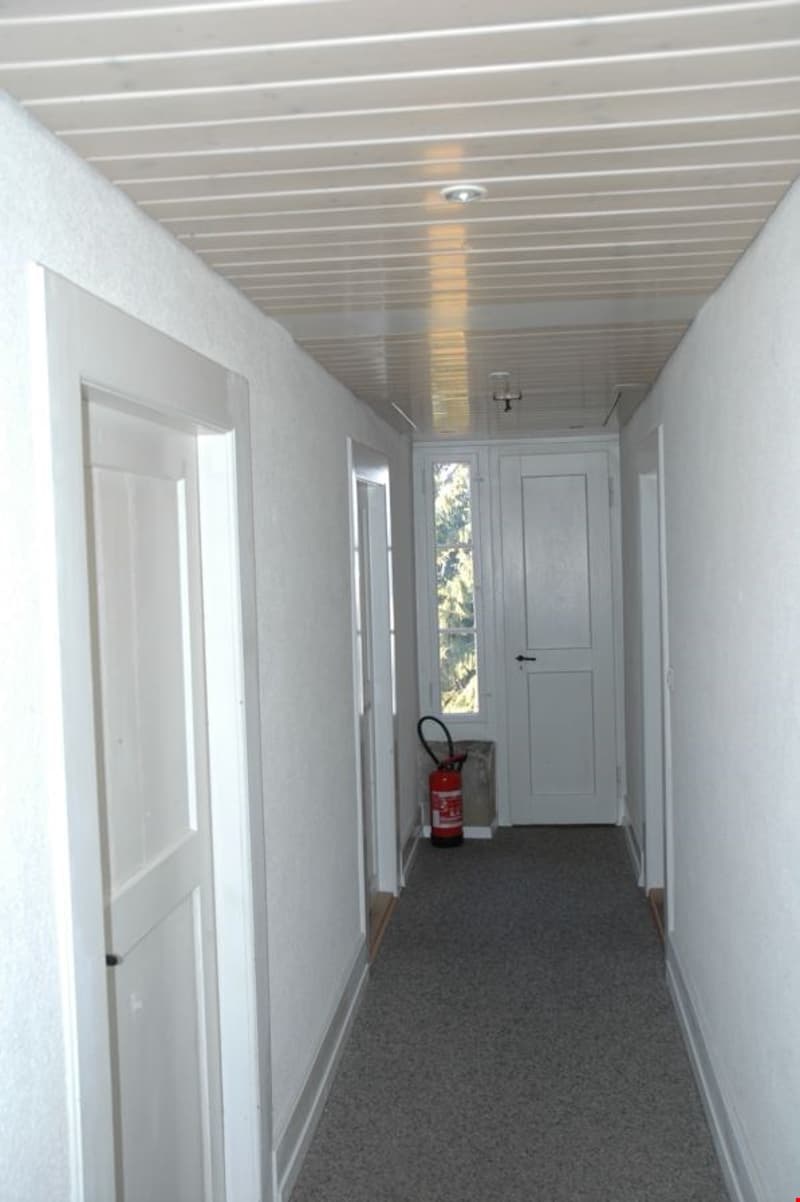 Empty hallway with white walls, gray carpet, white doors, fire extinguisher, ceiling lights