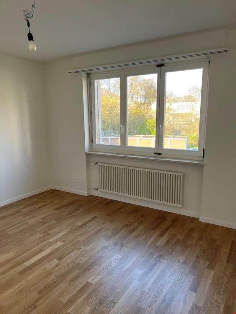 This image shows a spacious room with large windows that provide natural light. The room has hardwood flooring and white walls. There is a radiator visible along the wall, indicating this is likely a living room or bedroom.
