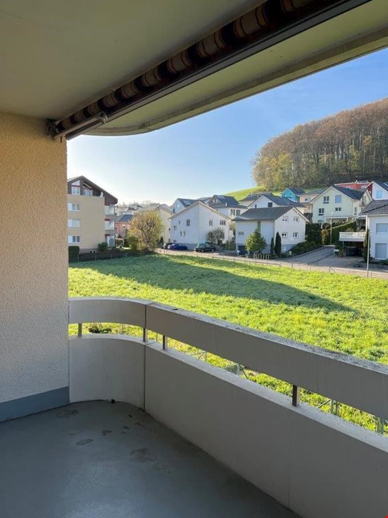 Balcony with a view of a residential neighborhood, including houses and a grassy area.