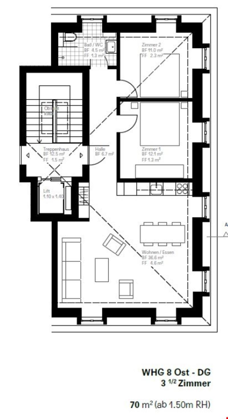 Living room, kitchen, 3 bedrooms, 2 bathrooms, storage room, lift