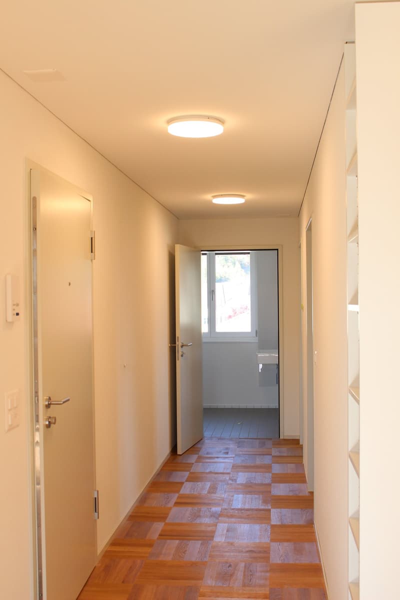 Empty hallway with wooden flooring, two doors, and a window leading to a room.