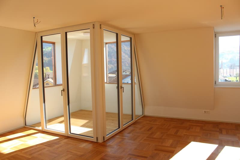 empty room, wooden floor, large glass doors, balcony, mountain view