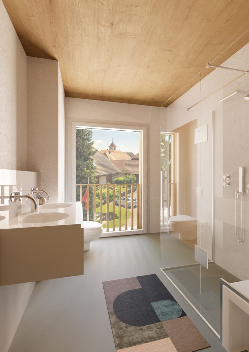 Spacious bathroom with wooden ceiling, large window overlooking a scenic view, double vanity sink, and a glass-enclosed shower area.