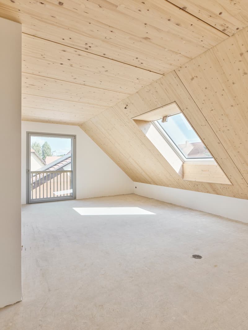 large attic space with wooden ceiling, white walls, a glass door, and a skylight window with a view of the outside