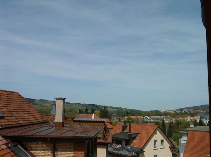 Aerial view of a neighborhood with multiple houses, brown roofs, chimneys, and a distant view of hills and buildings.