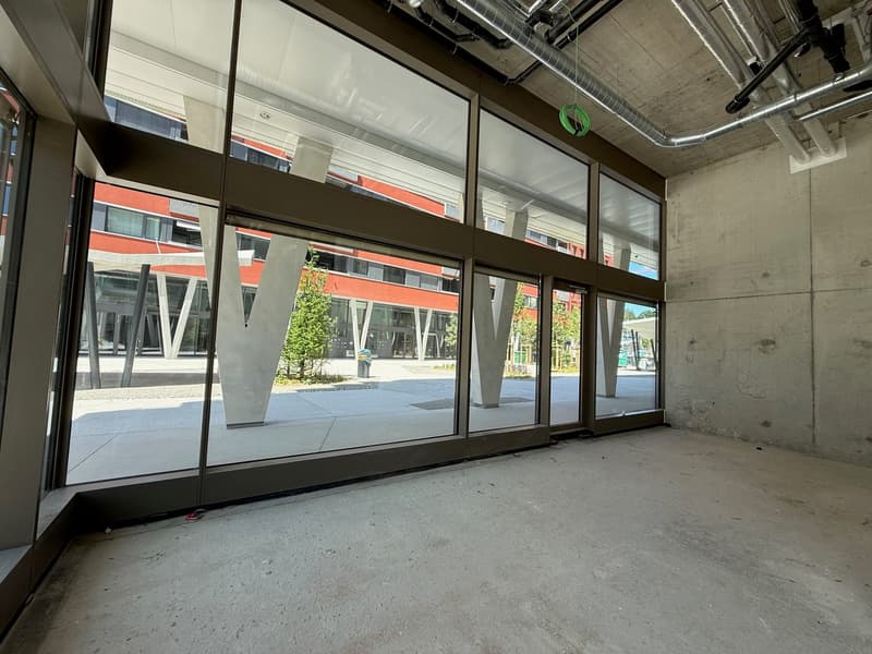 Large open commercial space with concrete floor, exposed ceiling, and floor-to-ceiling windows overlooking an outdoor area with trees and buildings.